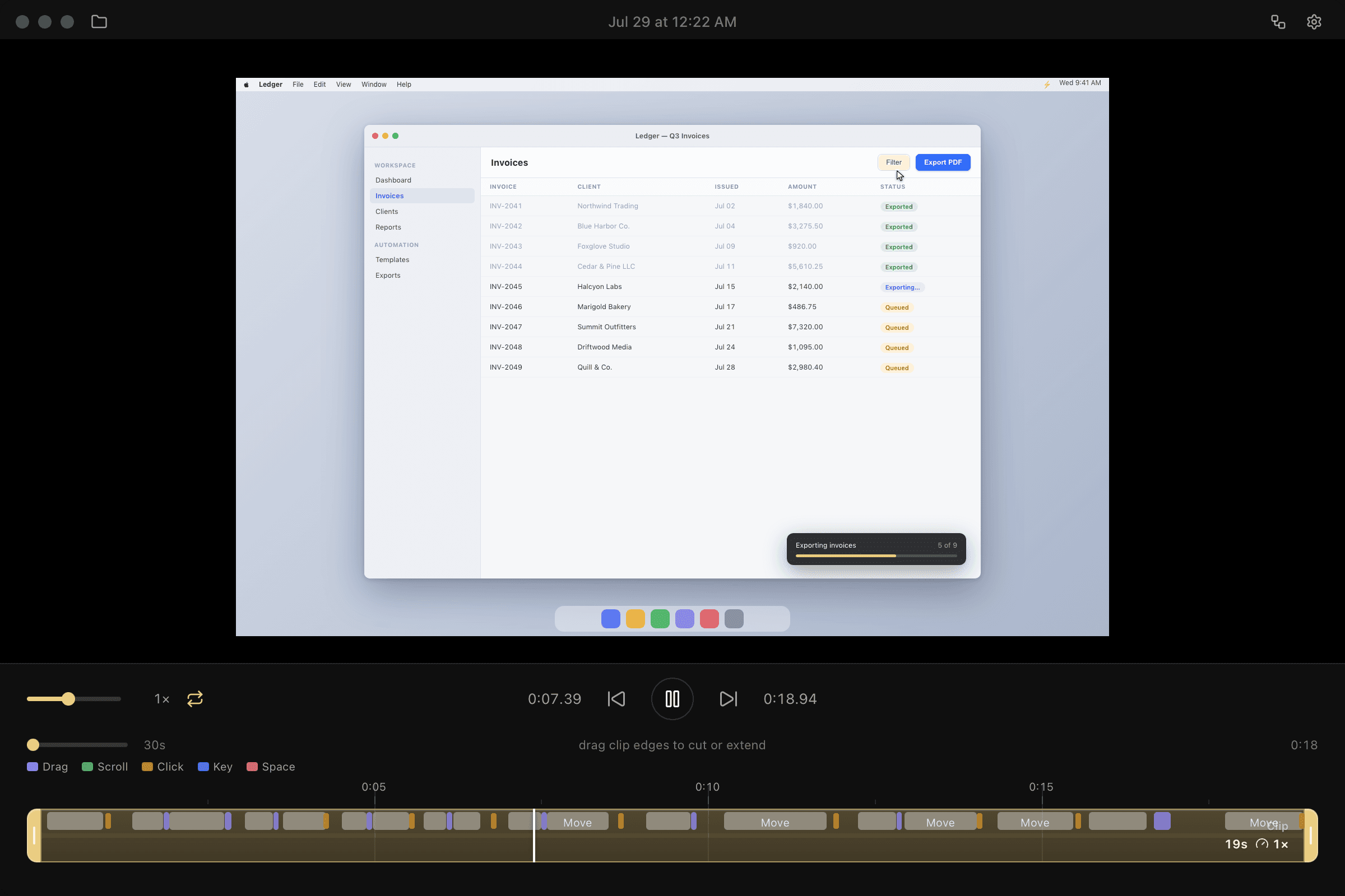 Macroni Studio playing back a screen recording, with every click and keystroke laid out on the timeline below the video